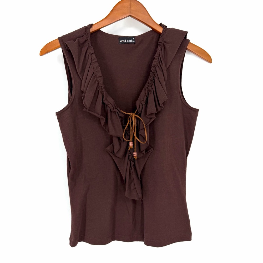 ✨Vtg Y2K 2000s Wet Seal Western Ruffled Bohemian Chocolate Brown V-neck Cami Top